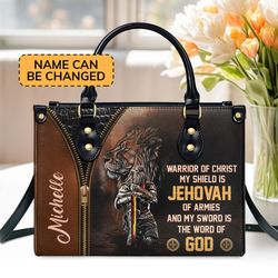 custom name warrior of christ leather bag hand bag, custom jesus woman handbag, jesus lovers handbag