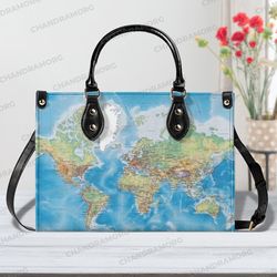 custom world map leather handbag, world map handbag, world map women bags and purses