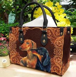 dachshund wooden floral women leather handbag, dachshund lovers handbag, dachshund women bags and purses
