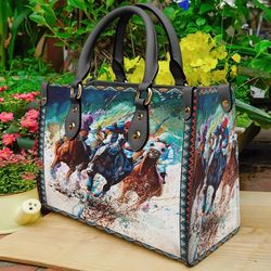 horse racing leather handbag, horse lovers handbag, horse women bags and purses