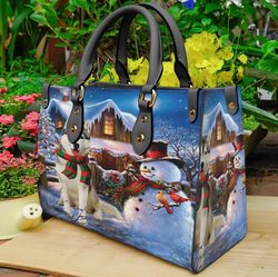 siberian husky snowman leather bag hand bag, snowman woman purse, snowman lovers handbag