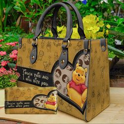 winnie the pooh touch this i will bite you women leather bag, pooh women bags and purses, pooh lovers handbag