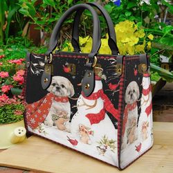 shih tzu snowman leather handbag, christmas woman handbag, christmas women bag and purses