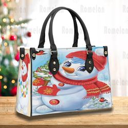 snowman whitechrismas leather bag handbag, christmas woman handbag, christmas women bag and purses