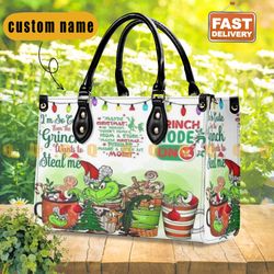 the grinch christmas leather bag, grinch lover handbag, custom leather bag