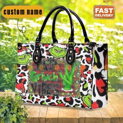 the grinch christmas leather bag, grinch lover handbag, custom leather bag