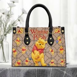 winnie the pooh brown pattern leather handbag, pooh woman purse, pooh lovers handbag