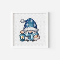 christmas gnome cross stitch pattern, printable digital design instant download for holiday diy decor gnome with lantern