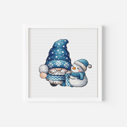 christmas gnome with snowman cross stitch pattern, printable digital design, instant download for winter wonderland