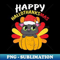 happy hallo thanksmas cute cat wearing santa hat pumpkin turkey gift - vintage sublimation png download - perfect for sublimation mastery