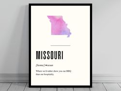 funny missouri definition print  missouri poster  minimalist state map  watercolor state silhouette  modern travel  word