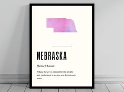 funny nebraska definition print  nebraska poster  minimalist state map  watercolor state silhouette  modern travel  word