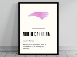 funny north carolina definition print  north carolina poster  minimalist usa map  watercolor state silhouette  modern tr