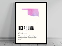 funny oklahoma definition print  oklahoma poster  minimalist state map  watercolor state silhouette  modern travel  word