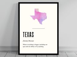 funny texas definition print  texas poster  minimalist state map  watercolor state silhouette  modern usa travel  word a