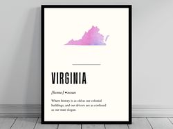 funny virginia definition print  virginia poster  minimalist state map  watercolor state silhouette  modern travel  word