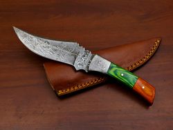 handmade damascus fixed blade hunting knife, skinning knife