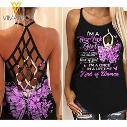 new york girl with butterflies criss-cross open back camisole tank top