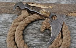 karambit knife custom handmade damascus steel hunting knife free leather sheath