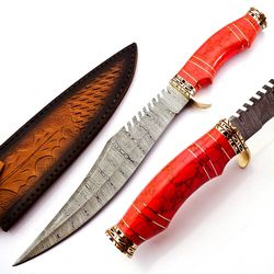 custom handmade forged damascus steel bowie knife with red jasper stone&brass