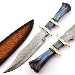 custom handmade damascus steel hunting bowie knife with bone & brass handle