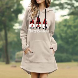 womens christmas casual solid color printing pullover hooded pocket long sleeve hoodies