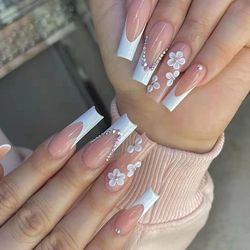 24pcs false nails with glue flower design long coffin french ballerina fake nails full cover acrylic nail tips press on