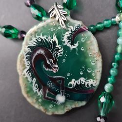 dragon necklace. green dragon painting on agate stone. like witch craft jewelry. this is a real wearable art.