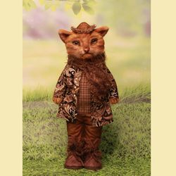 realistic faux fur cat felix, ooak posable doll in outfit