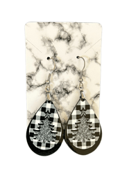 black and white buffalo check christmas tree earrings - holiday dangle earrings