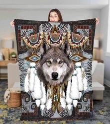 native wolf american pattern fleece sherpa blanket, native wolf christmas blanket, native wolf gift, christmas gift, nat
