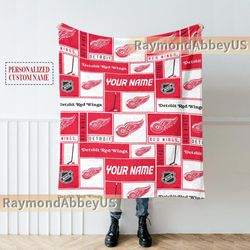 personalized detroit hockey fleece quilt blanket, alex debrincat, dylan larkin, custom gift hockey red wings classic bed