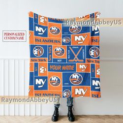 personalized new york ice hockey fleece quilt blanket, mathew barzal, bo horvat, custom gift hockey islanders classic be