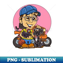 fritts cartoons a guy and his pet chickens dog and riding lawn mower - premium sublimation digital download - stunning sublimation graphics