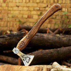 stunning mdm viking axe, custom handmade engraved high carbon steel axe with leather sheath, custom gift , am industry