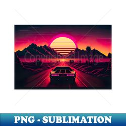 80s car driving towards synthwave sunset through a desert - vintage sublimation png download - perfect for sublimation mastery