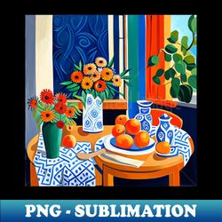 still life painting with fruit and flowers in vase - exclusive png sublimation download - capture imagination with every detail