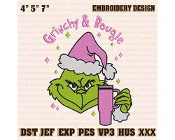 retro pink christmas embroidery machine design, christmas greenchy and bougi embroidery design, christmas green monster