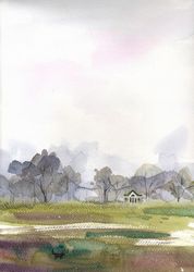 original watercolor spring countryside landscape painting