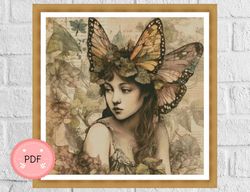 cross stitch pattern ,fairy in old paper design,fantasy,full coverage,pdf,x stitch chart,butterflies