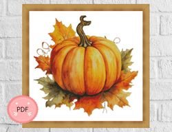 cross stitch pattern,autumn pumpkin,leaves,pdf,instant download,x stitch chart,harvest,halloween,thanksgiving,watercolor