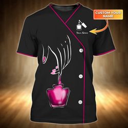 custom name manicurist gift: personalized 3d nail technician shirt in tad black pink