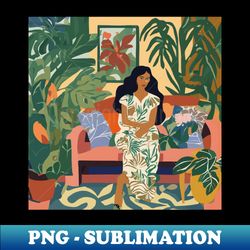 woman on couch of tropical jungle garden apartment after matisse - retro png sublimation digital download - defying the norms