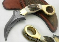 hand forged damascus steel krambit knife with stag antler hndle and sheath