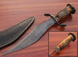 custom handmade damascus steel hunting bowie knife with stag horn handle