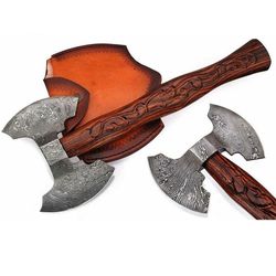 beautiful custom handmade damascus steel double edge axe with leather sheath