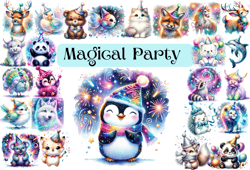 magical party animals clipart,panda,birthday party,new year party,penguin koala, polar bear,cat