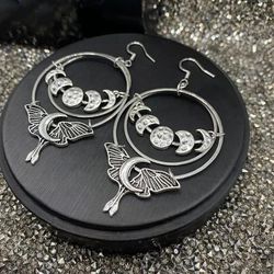 Moonphase Luna Moth Earrings Tibetan Silver Drop Earrings Boho Pagan Gift Goth Earrings