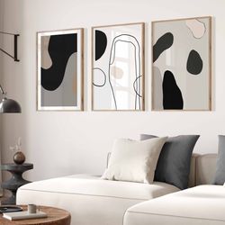 modern minimal neutral gallery wall art set of 3 black and beige abstract art modern decor bedroom wall art living room