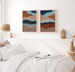 printable art set of 2 abstract landscape downloadable print minimal blue and rust mountain wall art terracotta decor mi